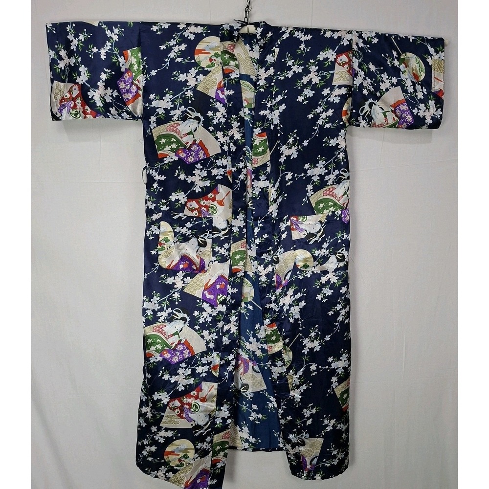 Oriental Silk Robe Womens Japanese Geisha Blue Flowers Long One Size Kimono Only